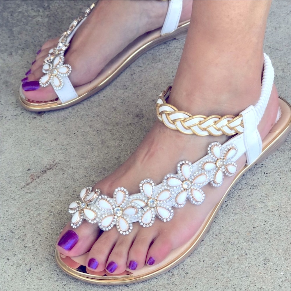 Restock! Italina Green Daisy Flower Rhinestone Gold Woven Slingback Sandal - Picture 9 of 15